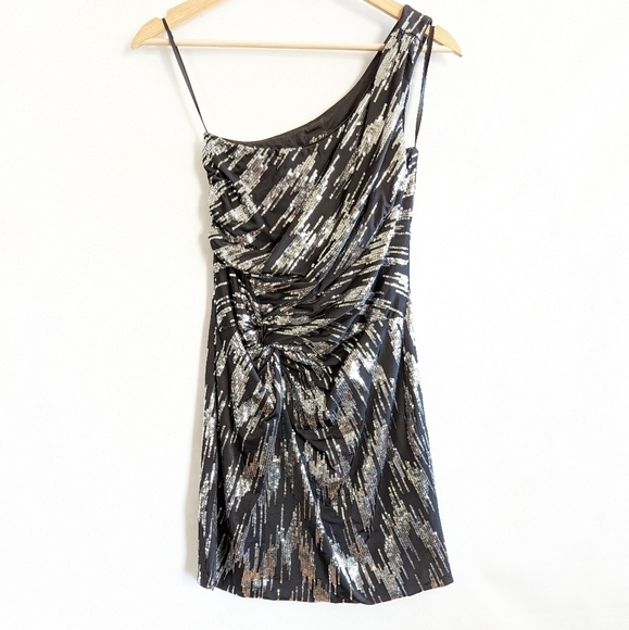 Sequined Party Dress Small Black Silver One Shoulder Twist Accent Formal - Picture 1 of 6